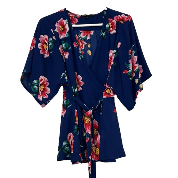 GibsonLook Blue Floral Mindy Wrap Blouse, Medium - Picture 1 of 10